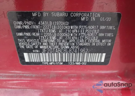 2020 Subaru Crosstrek from USA, damaged, VIN JF2GTABC8L8241962